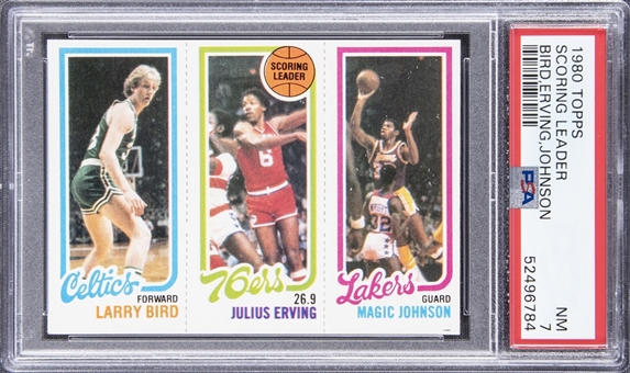 1980-81 Topps Scoring Leader #34/139/174 Larry Bird/Magic Johnson Rookie Card - PSA NM 7